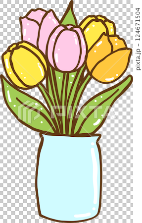 Cute Retro Spring Tulip Flowers in Vase Doodle Hand Drawn 124671504