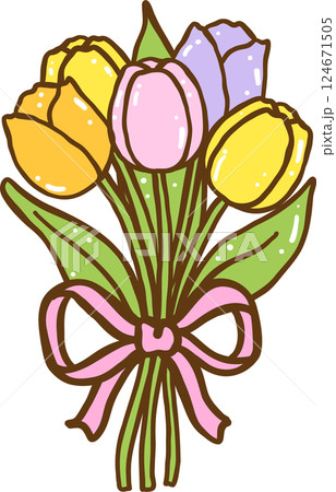 Cute Retro Spring Tulip Flowers with Bow Doodle Hand Drawn 124671505