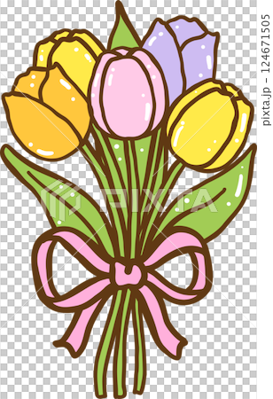 Cute Retro Spring Tulip Flowers with Bow Doodle Hand Drawn 124671505