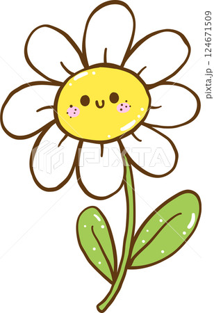 Cute Retro Spring Smiley Face Flower with Stem Doodle Hand Drawn 124671509