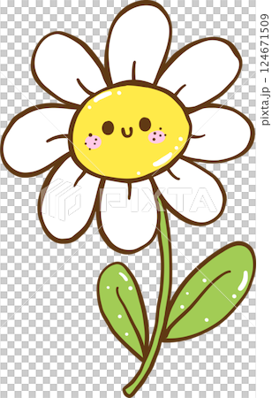 Cute Retro Spring Smiley Face Flower with Stem Doodle Hand Drawn 124671509
