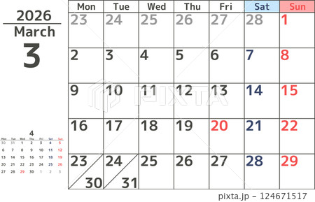 シンプルなデザインの2026年3月の月曜始まりマンスリーカレンダー素材 シンプルなデザインの2026年3月の月曜始まりマンスリーカレンダー素材 124671517