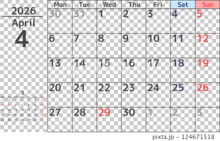 Simple design of a monthly calendar for April 2026 starting on Monday Simple design of a monthly calendar for April 2026 starting on Monday 124671518