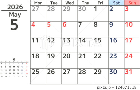 シンプルなデザインの2026年5月の月曜始まりマンスリーカレンダー素材 シンプルなデザインの2026年5月の月曜始まりマンスリーカレンダー素材 124671519