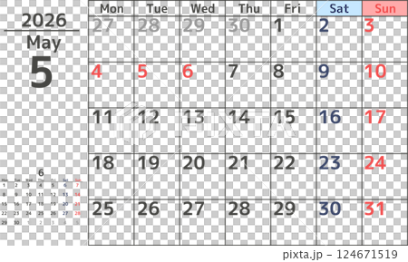 2026 年 5 月從星期一開始的月曆簡單設計 124671519