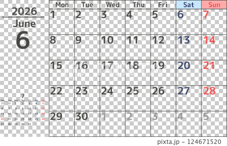 2026 年 6 月從星期一開始的月曆簡單設計 124671520