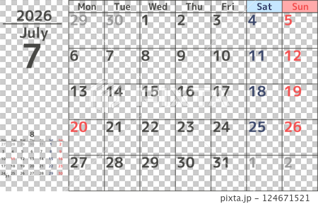 Simple design of monthly calendar for July 2026 starting on Monday Simple design of monthly calendar for July 2026 starting on Monday 124671521