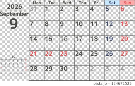 2026 年 9 月從星期一開始的月曆簡單設計 2026 年 9 月從星期一開始的月曆簡單設計 124671523