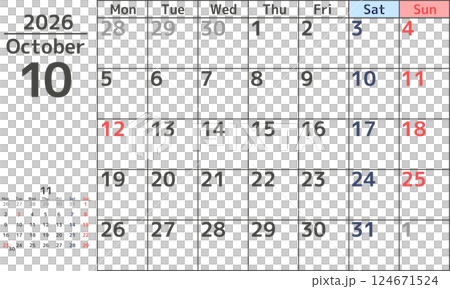 Simple design monthly calendar material for October 2026 starting on Monday Simple design monthly calendar material for October 2026 starting on Monday 124671524