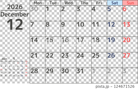 從星期一開始的 2026 年 12 月的簡單設計月曆材料 124671526