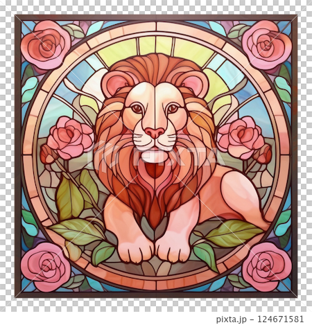 Retro stained glass of lion and rose 3 / Material for flyers and posters Retro stained glass of lion and rose 3 / Material for flyers and posters 124671581