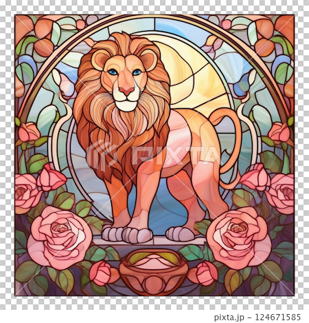 Retro stained glass 7 of lion and rose / material for flyers and posters Retro stained glass 7 of lion and rose / material for flyers and posters 124671585