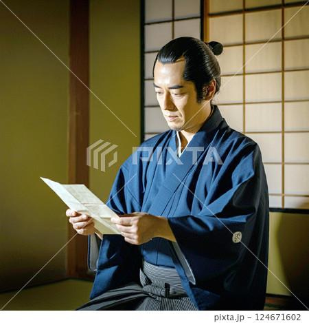 手紙を読む侍 124671602