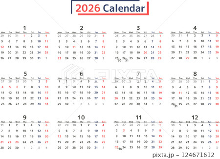 シンプルなデザインの2026年の月曜始まり年間カレンダーの素材 124671612