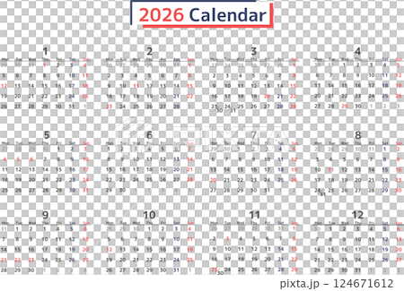 シンプルなデザインの2026年の月曜始まり年間カレンダーの素材 124671612