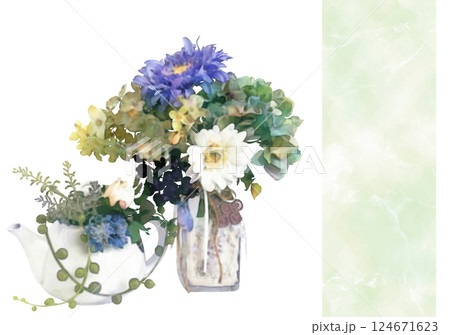 アンティークな青い花のフラワーアレンジメントイラスト 124671623