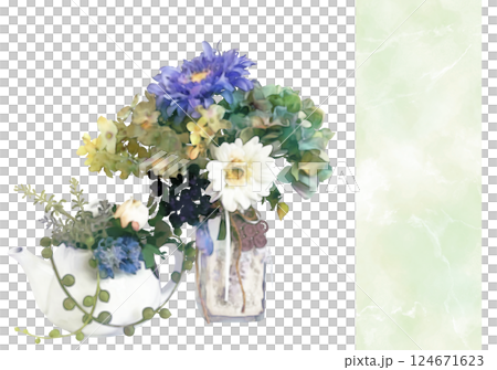 アンティークな青い花のフラワーアレンジメントイラスト 124671623