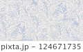 A seamless floral line-art pattern with delicate blue outlines on a light background. Ideal for wallpapers, textile designs, stationery, packaging, fabric prints, wrapping paper, greeting cards. 124671735