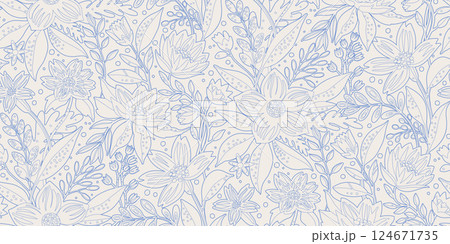 A seamless floral line-art pattern with delicate blue outlines on a light background. Ideal for wallpapers, textile designs, stationery, packaging, fabric prints, wrapping paper, greeting cards. 124671735