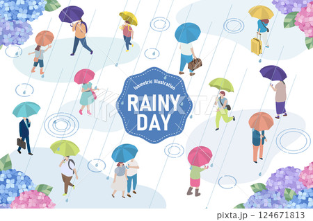雨の日の人々のアイソメトリックイラスト、雨の日のアイソメ 124671813