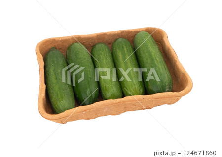 Fresh green cucumber in paper disposable box isolated on white background. Cucumber isolated over white. Fresh green cucumber in paper disposable box isolated on white background. Cucumber isolated over white. 124671860