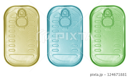 Three Aluminium can isolated on white background. Aluminium can background. Aluminium beverage cans. Drink  or food can. Metal containers for packaging food and drinks. 124671881