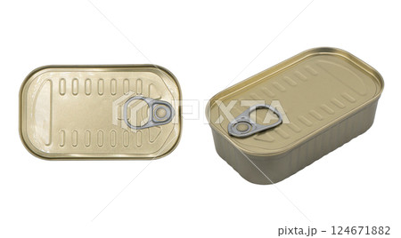 Three Aluminium can isolated on white background. Aluminium can background. Aluminium beverage cans. Drink  or food can. Metal containers for packaging food and drinks. 124671882