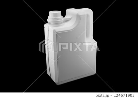 New white plastic oil canister isolated on black background.  Storage tank. Canister for gasoline, diesel and gas. White plastic canister for technical liquids isolated. 124671903