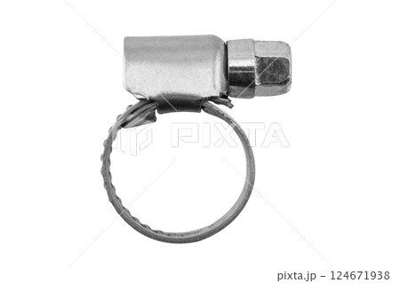 Metal clamp for hose connection isolated on white background. Macro shot New metal hose clamp isolated on white 124671938