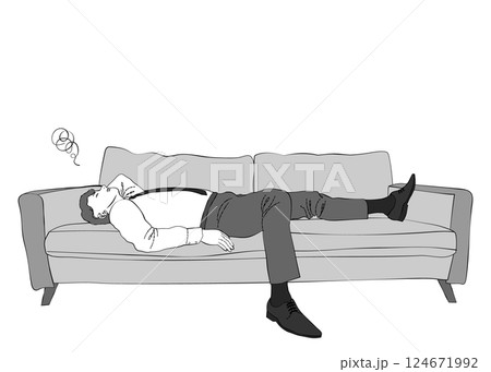 ソファで寝落ちする疲れたビジネスマン男性のイラスト 全身横向き・仰向け モノクロ 124671992
