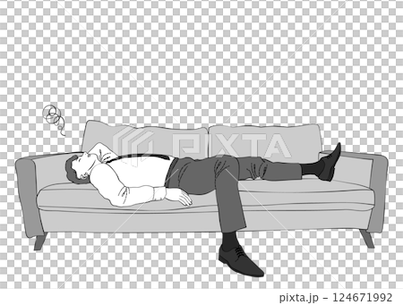 ソファで寝落ちする疲れたビジネスマン男性のイラスト 全身横向き・仰向け モノクロ 124671992