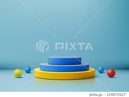 3d blue yellow podium with colorful spheres modern product display mockup showroom showcase abstract vibrant 3d blue yellow podium with colorful spheres modern product display mockup showroom showcase abstract vibrant 124672027