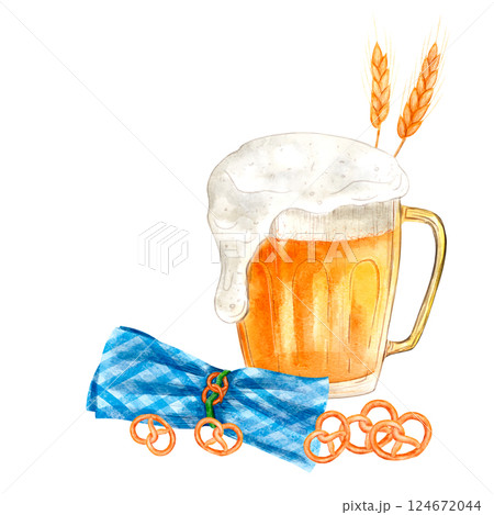 Composition of elements: beer, malt, pretzel, blue napkin, digital watercolor illustration. Composition of elements: beer, malt, pretzel, blue napkin, digital watercolor illustration. 124672044