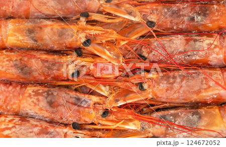 Raw frozen shrimp background. Pile of frozen shrimps. Close-up of frozen shrimps. A lot of royal shrimp macro shot. Red giant argentine shrimp texture background. Large tiger shrimp 124672052