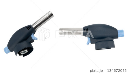 Manual gas torch burner isolated on white background. Flame gun blow torch for camping. Blowtorch to gas bottle isolated. Manual gas torch burner isolated on white background. Flame gun blow torch for camping. Blowtorch to gas bottle isolated. 124672053
