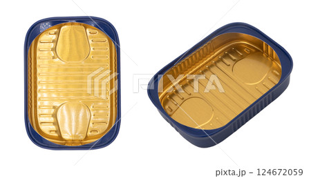 Empty opened aluminium can isolated on white background. Aluminium can background. Aluminium beverage cans. Drink or food can. Metal containers for packaging Empty opened aluminium can isolated on white background. Aluminium can background. Aluminium beverage cans. Drink or food can. Metal containers for packaging 124672059