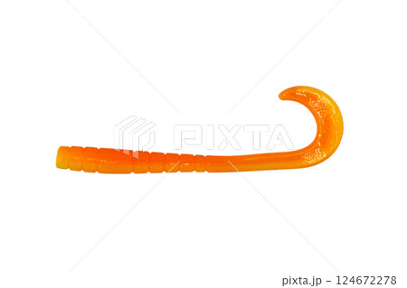 Jig silicone fishing lure isolated on a white background. Silicone fishing baits isolated. Colorful baits. Fishing spinning bait. Silicone soft plastic bait lure 124672278