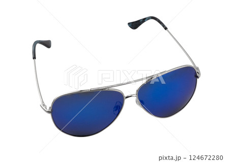 Fashionable sunglasses. Sunglasses with mirrored lenses isolated on white background. Mirrored sunglasses with anti-reflective coating. 124672280