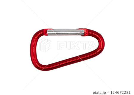 Metal carabiner on a screw isolated on a white background. Stainless steel safety carabiner isolated 124672281