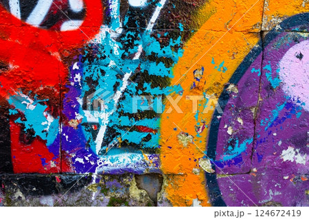 Vibrant Graffiti Wall with Bold Neon Colors for Urban 90s, Y2K Vibe 124672419