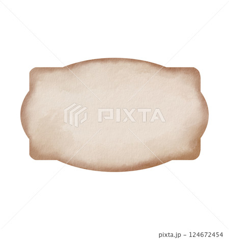 Empty vintage oval label in beige with distressed edges, watercolor illustration. Rustic handwritten style for jars, bottles and apothecary products. Grunge texture and soft vignette effect 124672454