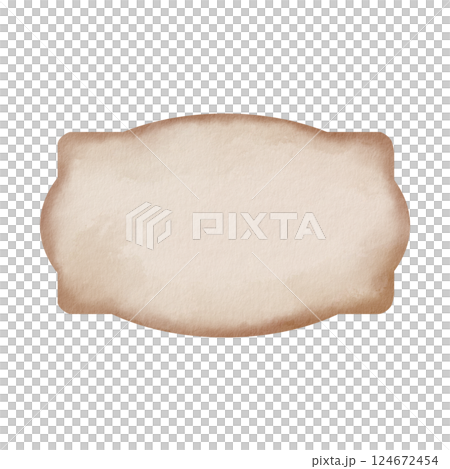 Empty vintage oval label in beige with distressed edges, watercolor illustration. Rustic handwritten style for jars, bottles and apothecary products. Grunge texture and soft vignette effect 124672454