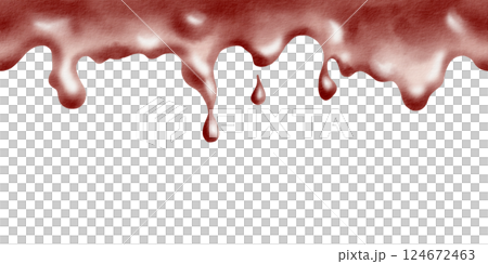 Cherry jam in seamless horizontal watercolor border with dripping. Realistic sticky texture of liquid marmalade in vibrant red tones. For packaging, labels, and culinary designs Cherry jam in seamless horizontal watercolor border with dripping. Realistic sticky texture of liquid marmalade in vibrant red tones. For packaging, labels, and culinary designs 124672463