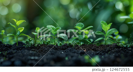 Macro View of Small Plant Seedling Breaking Through Fertile Soil. 124672555