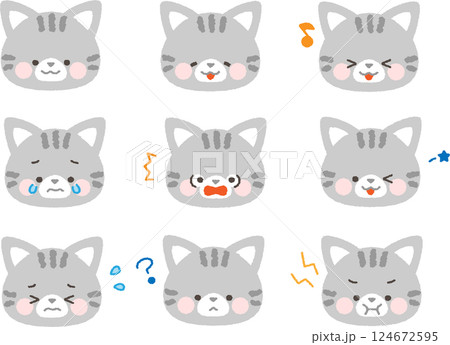 サバトラネコの顔アイコン　表情セット　線なし 124672595