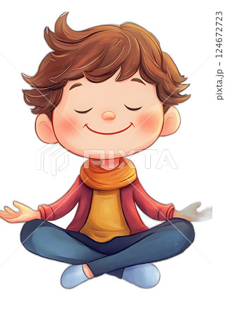 Smiling animated child sitting cross-legged, floating peacefully, colorful clothes, isolated transparent backdrop 124672723