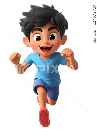 Playful cartoon boy running with excitement, high energy pose, shadowless, transparent background 124672724