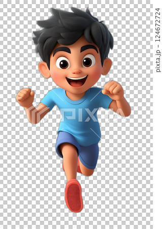 Playful cartoon boy running with excitement, high energy pose, shadowless, transparent background 124672724