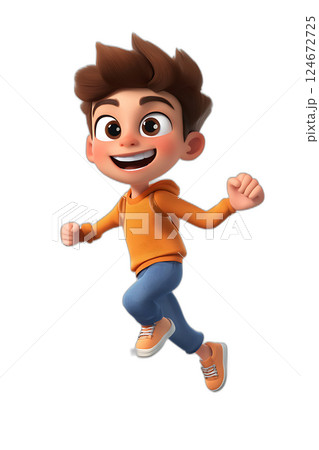 Playful cartoon boy running with excitement, high energy pose, shadowless, transparent background 124672725
