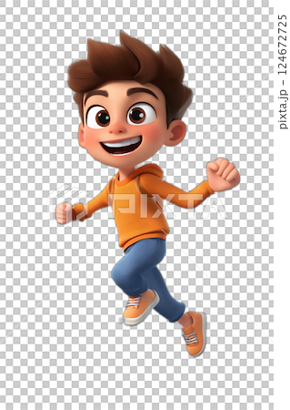 Playful cartoon boy running with excitement, high energy pose, shadowless, transparent background 124672725
